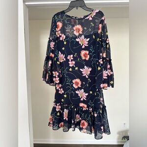 Eliza J Floral Long Sleeve Swing Dress - Size 2 - Navy Floral
